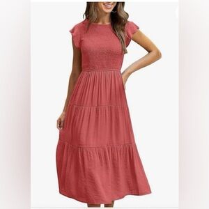 NWT Feminine Flutter Sleeve Smocked Tiered Coral Pink Maxi Dress w/ Pockets